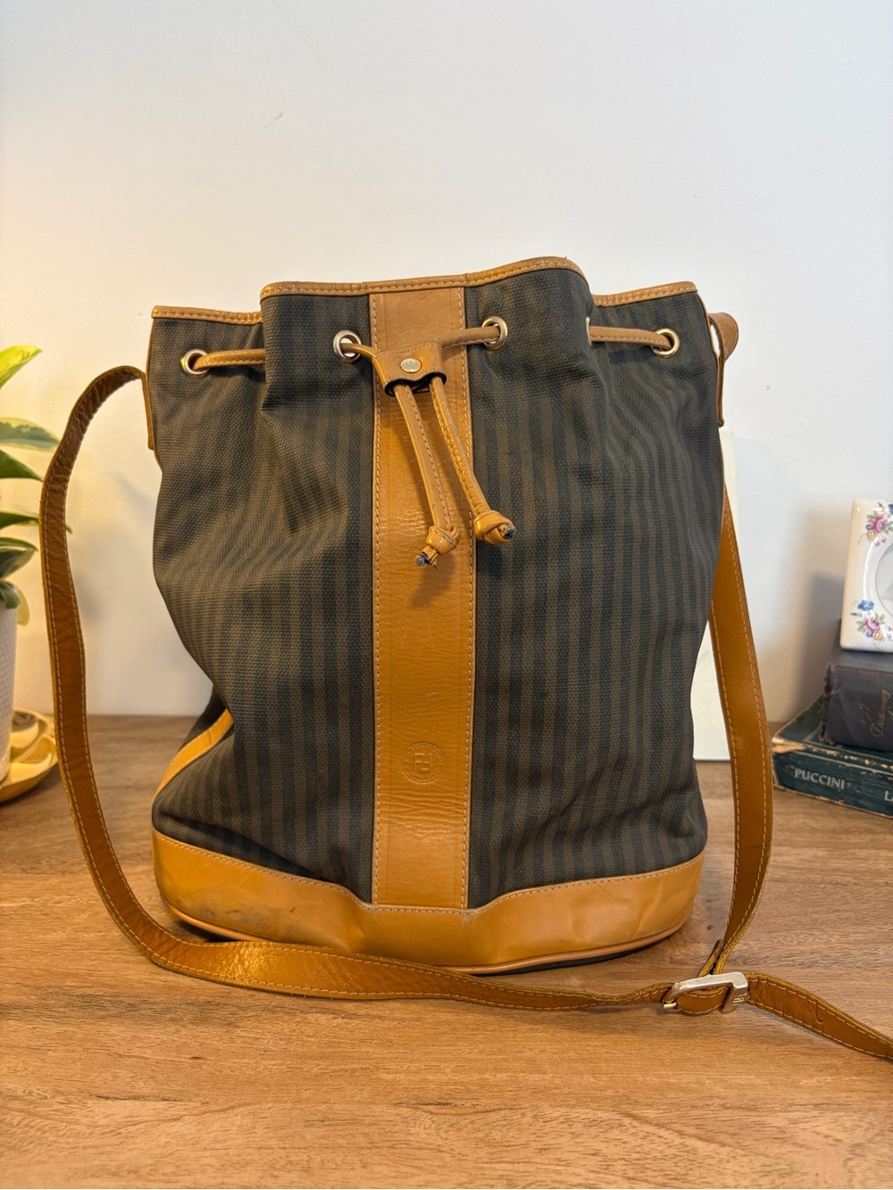 Vintage Fendi S.A.S. Pequin Stripe Bucket Bag Made in Italy Leather
